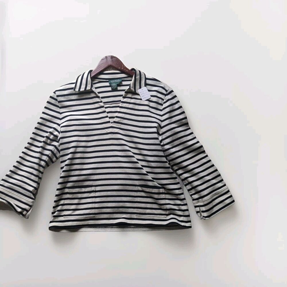 Lauren Ralph Lauren Women's L Striped Black Cream Collared Long Sleeve Pullover